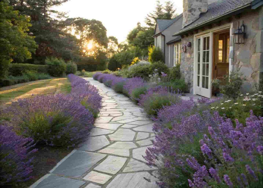 Natural stone front walkway with lavender borders in full purple bloom