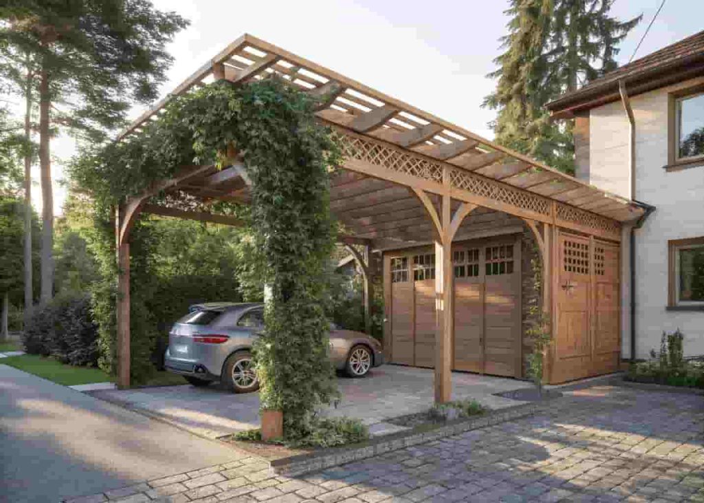 Pergola-style carport with climbing vines over a driveway in front of a residential garage