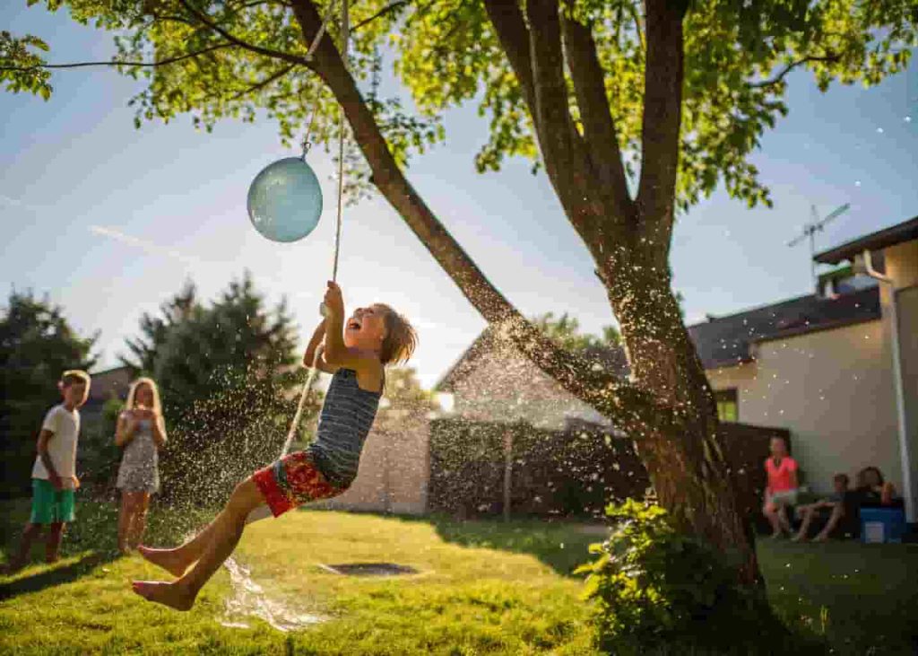 Child hitting water balloon piñata in backyard on summer day