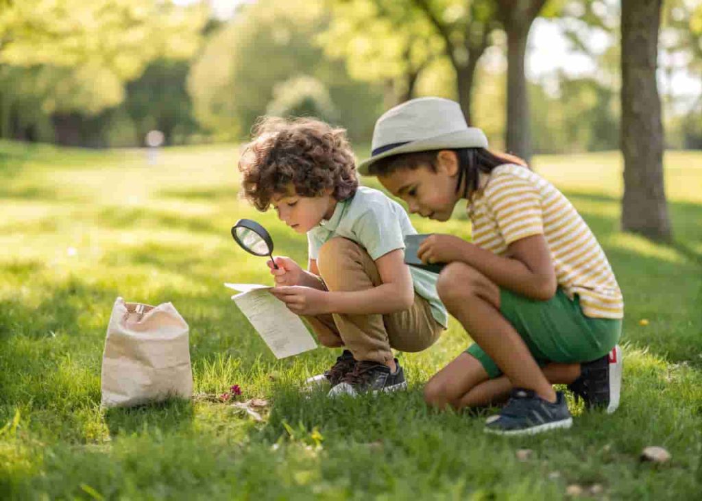kids doing a nature scavenger hunt in a park with magnifying glass and collection bag