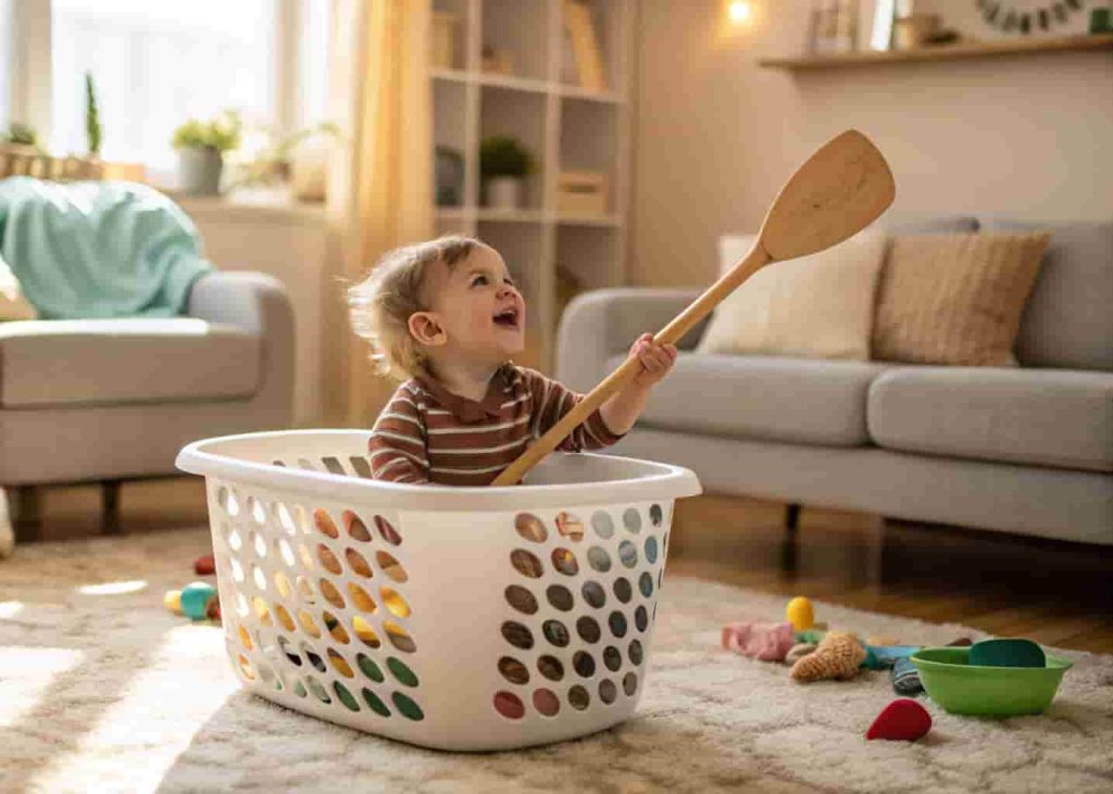 Toddler playing pretend boat ride in a laundry basket