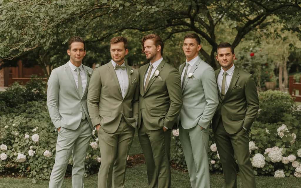 Mismatched sage green groomsmen attire in a garden wedding