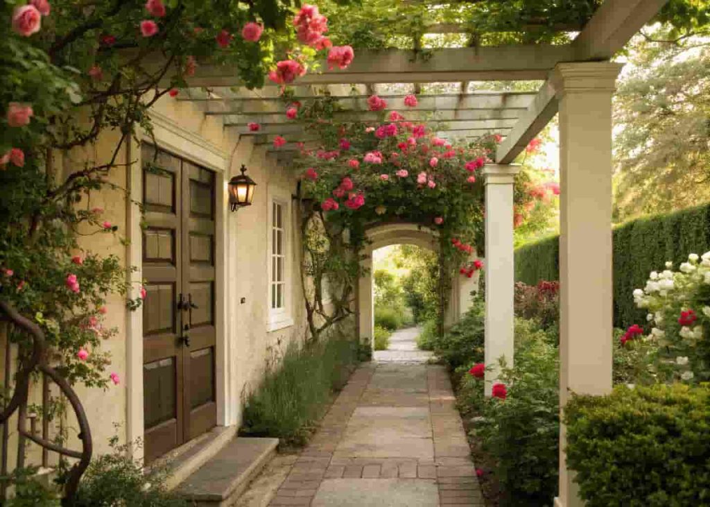 Pergola-covered front walkway with climbing roses and flowering vines for a dramatic entrance