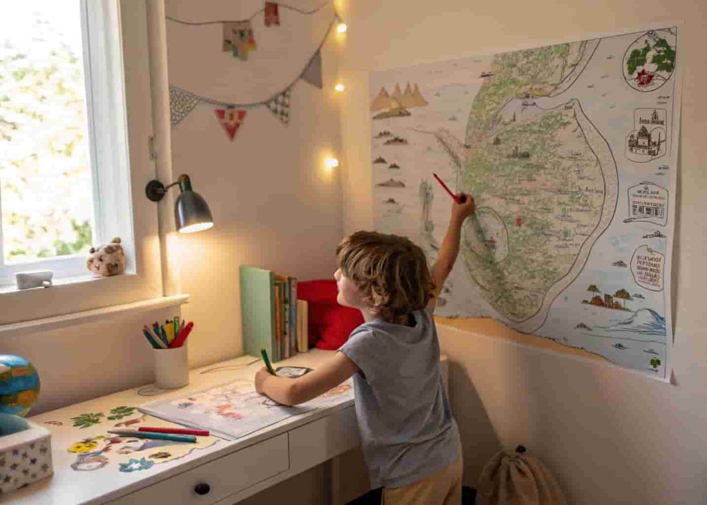 Child tracking summer reading progress on a hand-drawn adventure map