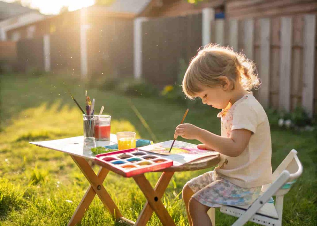 child painting with watercolors at an outdoor art station in the backyard during summer