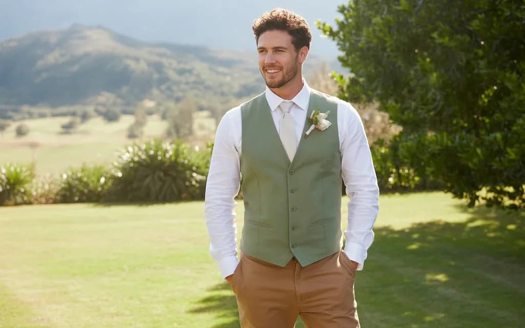 Sage green vest paired with neutral trousers for groomsmen attire