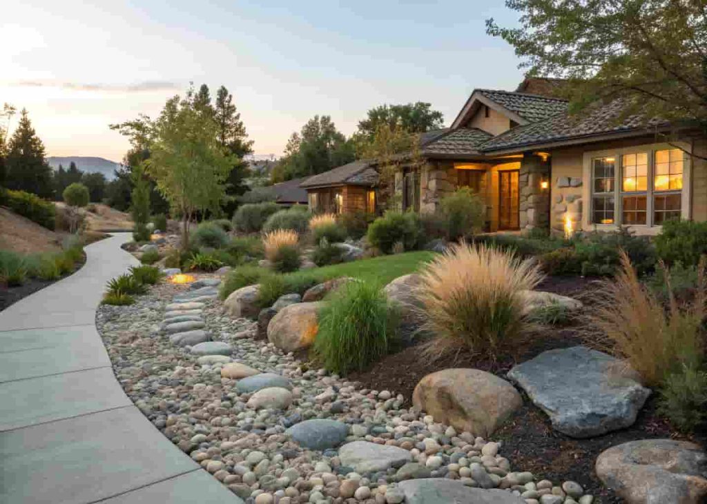 Dry creek bed with river rocks and ornamental grasses alongside a front yard walkway