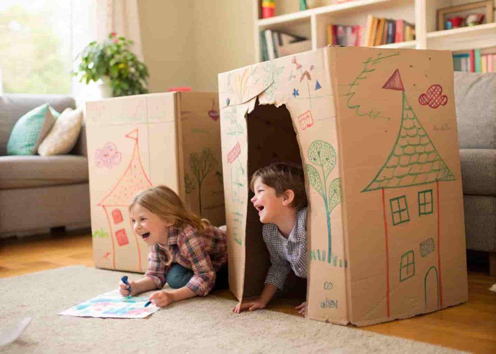 kids playing in a colorful DIY cardboard box fort in living room during summer vacation