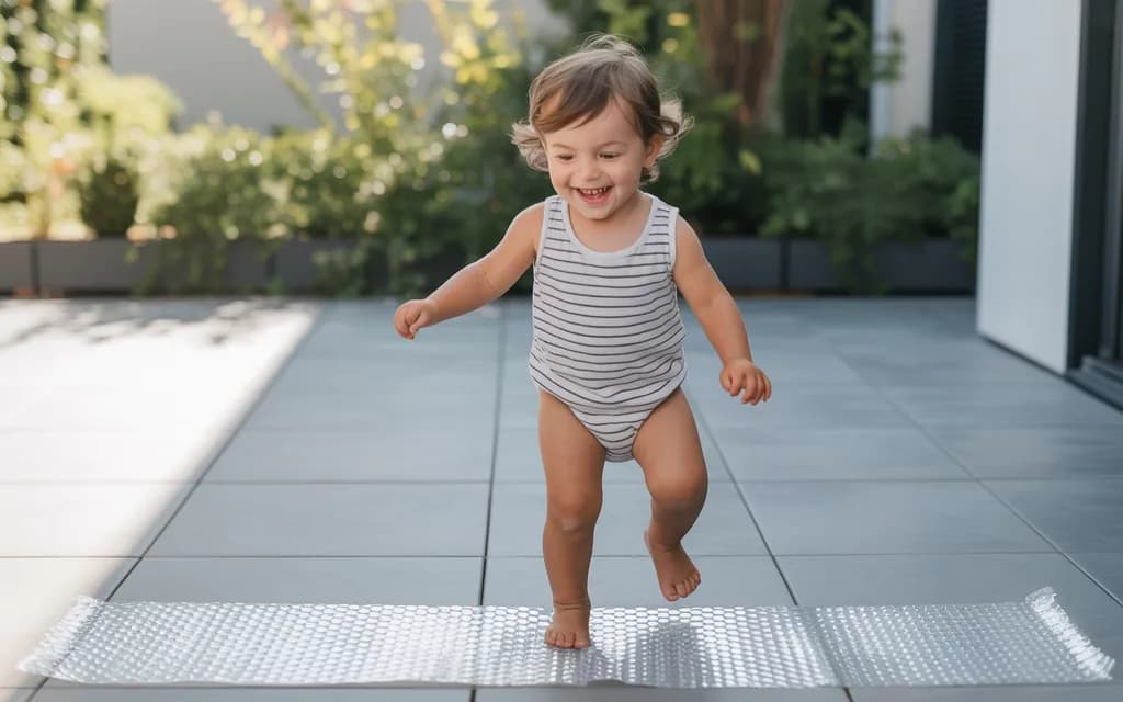 Toddler stomping on bubble wrap path during a summer sensory game