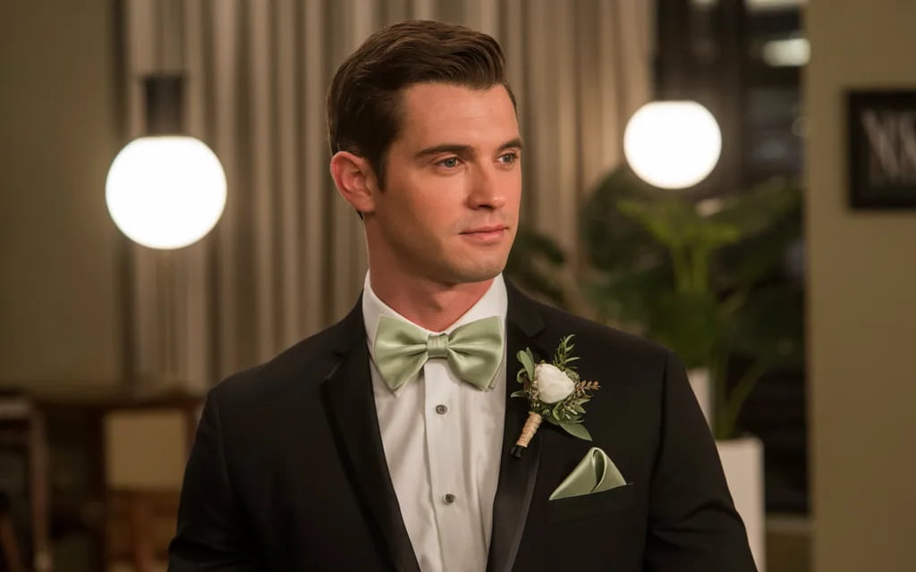 Sage green bow tie paired with a classic black suit for groomsmen