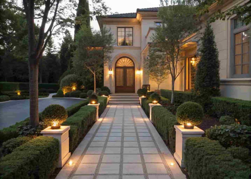 Formal front walkway with trimmed boxwood hedges and warm glowing path lights at dusk