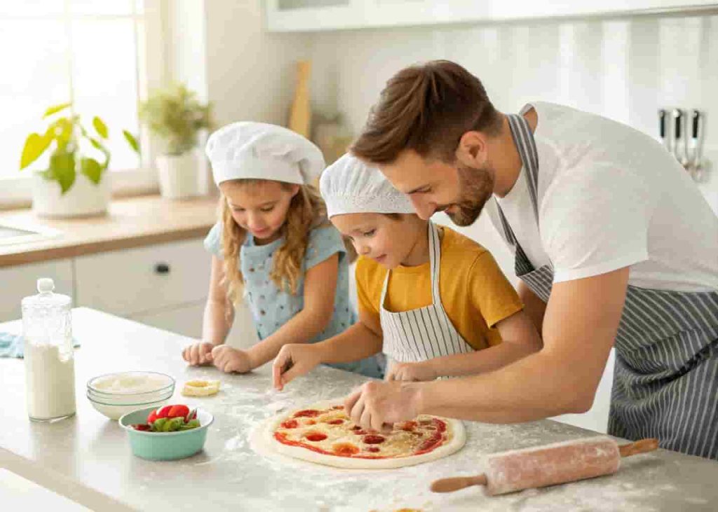 parent and kids making homemade pizza together in the kitchen as a fun summer activity