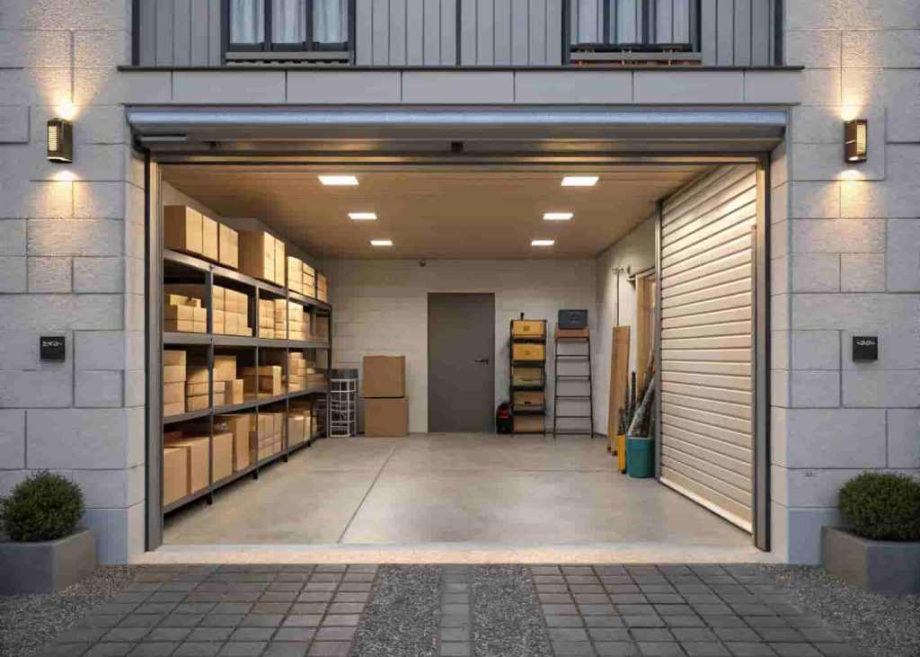 Organized garage storage space available for rent with shelving and stacked boxes.