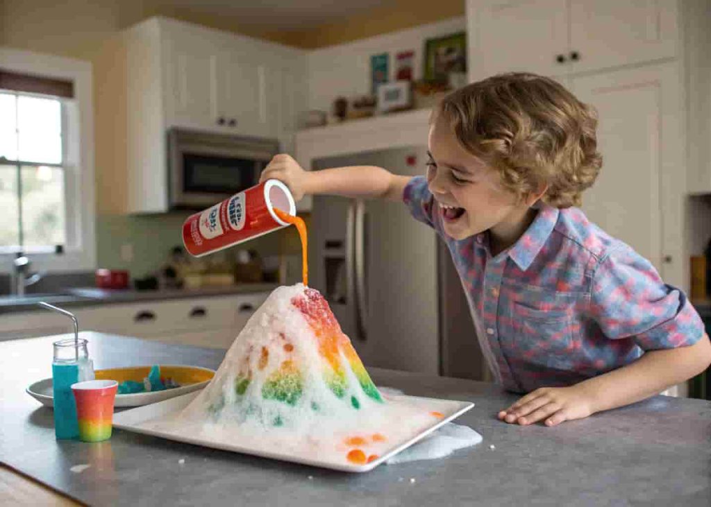 Child conducting a baking soda and vinegar volcano science experiment at home with fizzing foam spilling over the sides.