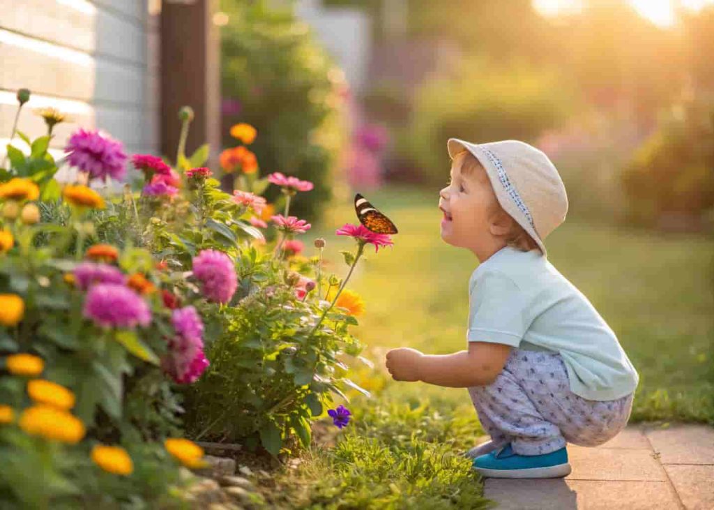 child watching a butterfly land on flowers in a backyard butterfly garden in summer