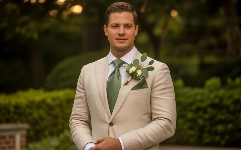Sage green accessories paired with neutral groomsmen suits