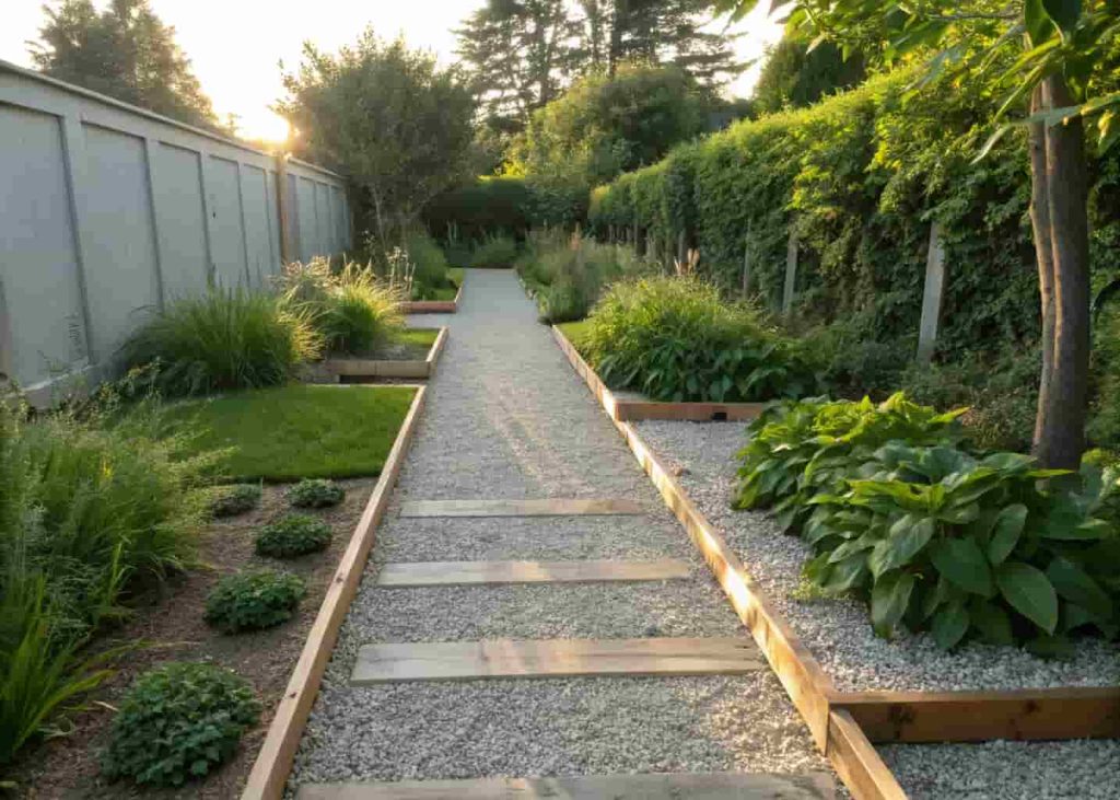 Pea gravel garden walkway bordered by wooden edging and lush green plants in a sunny backyard.