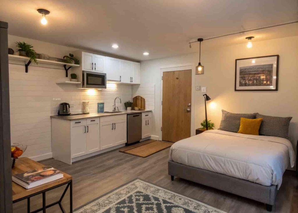 Converted garage studio apartment with kitchenette and cozy interior for rental
