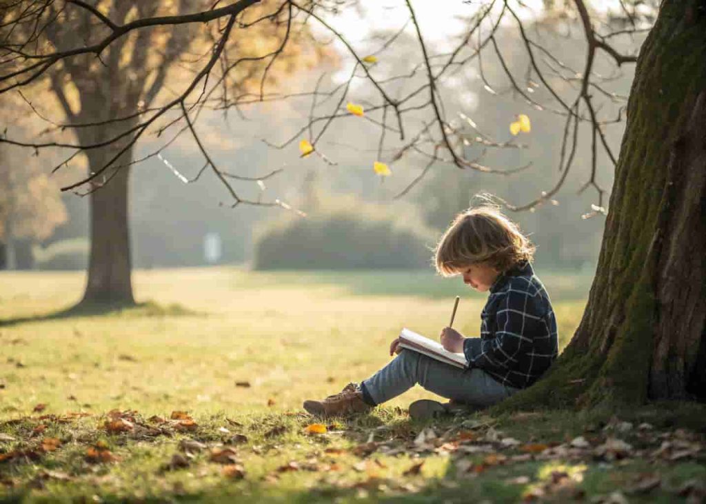 Child sitting outside under a tree sketching plants and nature observations in a personal journal during summer.