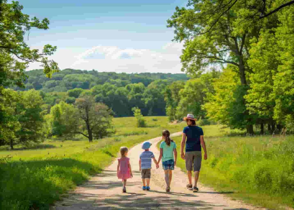 family with kids hiking on a nature trail during a summer day trip to a new place