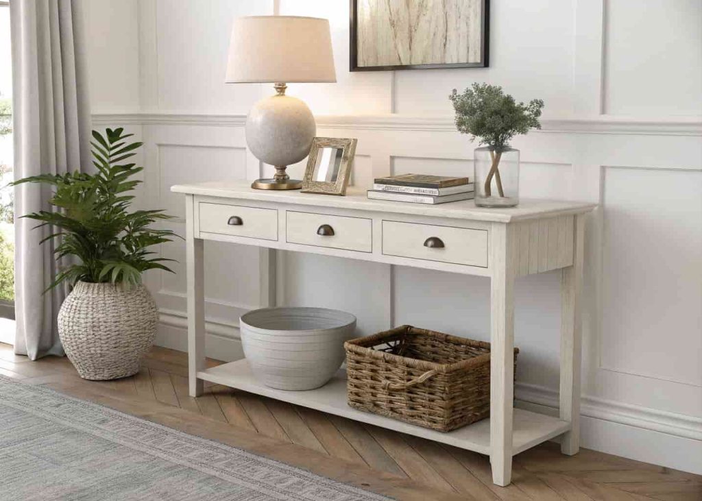 Minimally styled console table with lamp, plant, and bowl