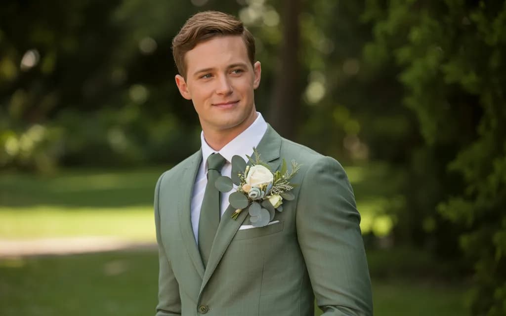 A groomsman in a sage green suit wearing a floral boutonniere with eucalyptus and white roses.