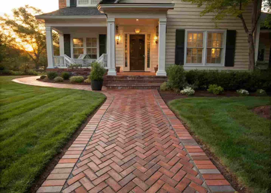 Classic red brick herringbone walkway leading to a traditional front door entrance