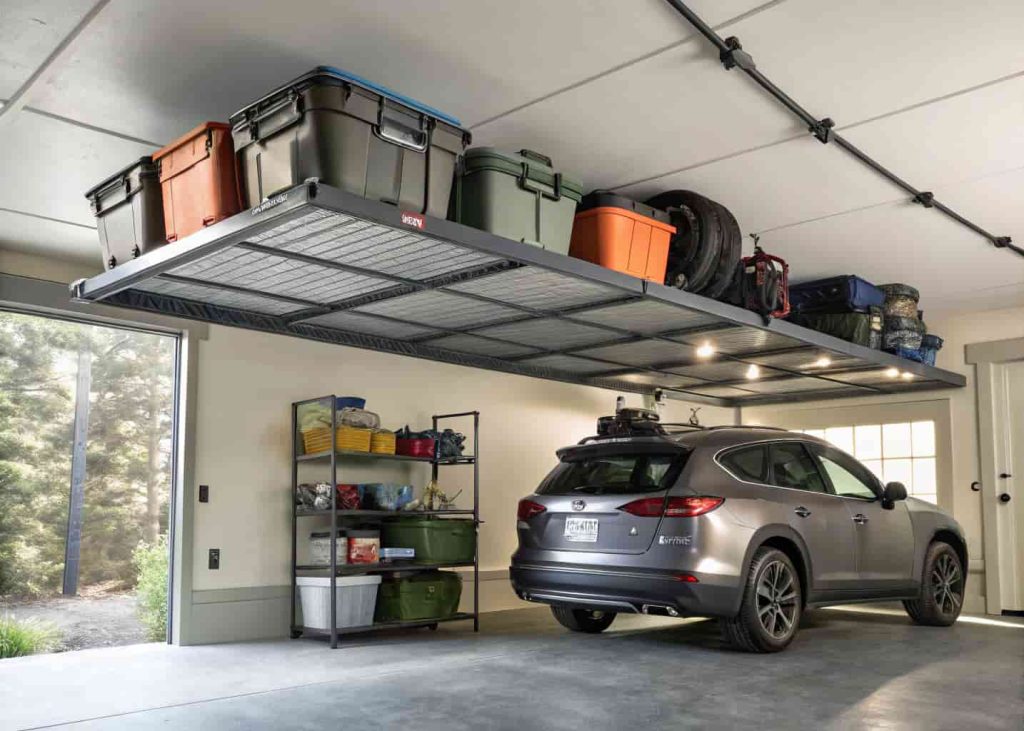 Garage ceiling storage racks loaded with labeled bins and camping equipment above a parked car