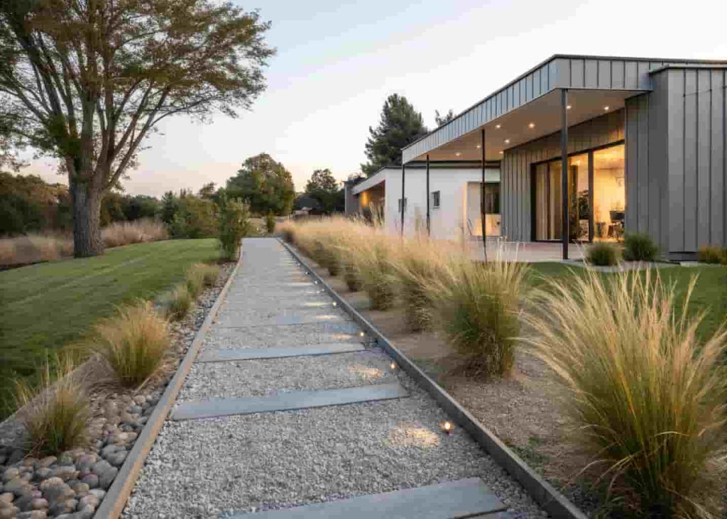 Gravel side house walkway with steel edging and ornamental grass border