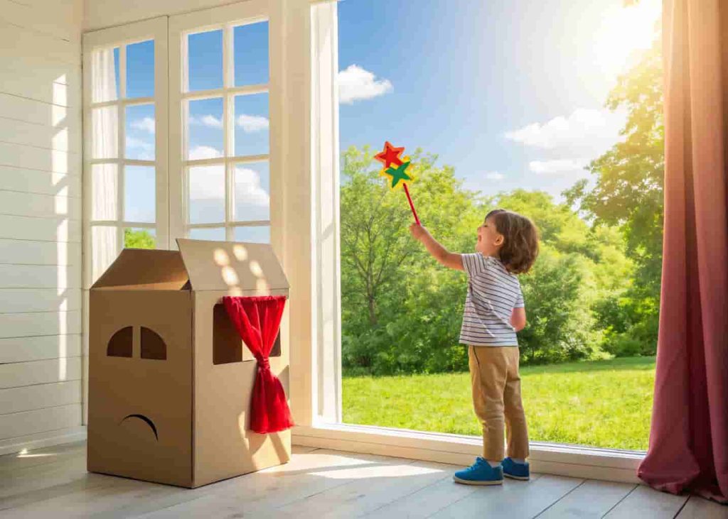 Preschooler using homemade stick puppets and cardboard theater for summer creative play