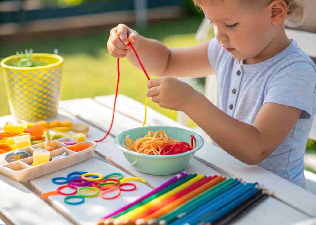 Preschool child threading pasta onto pipe cleaner as fine motor summer craft