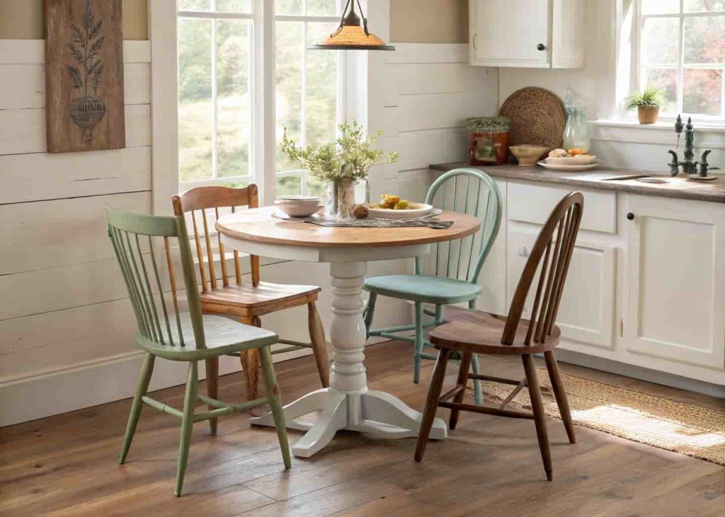 Mismatched vintage chairs around a small kitchen table