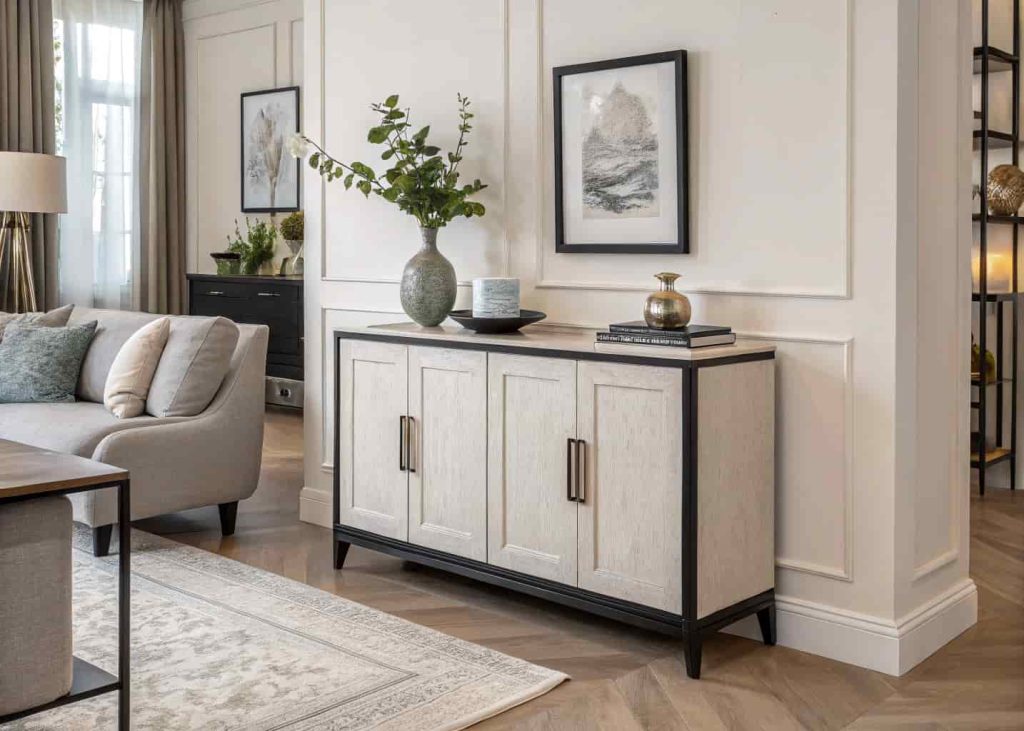 Console table with cabinet doors for hidden storage in living room