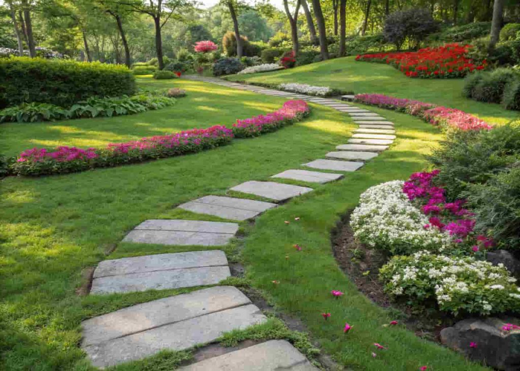 Concrete stepping stone path set into green lawn with colorful flowers on either side.