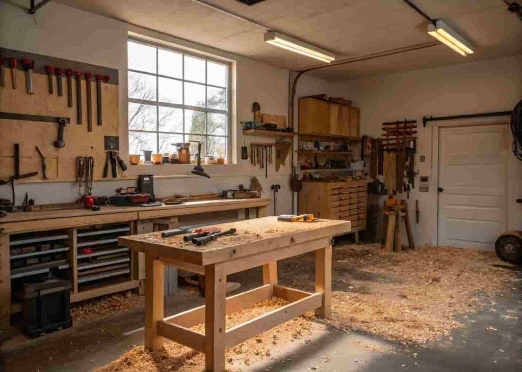 Home garage workshop setup for custom woodworking and handmade crafts business