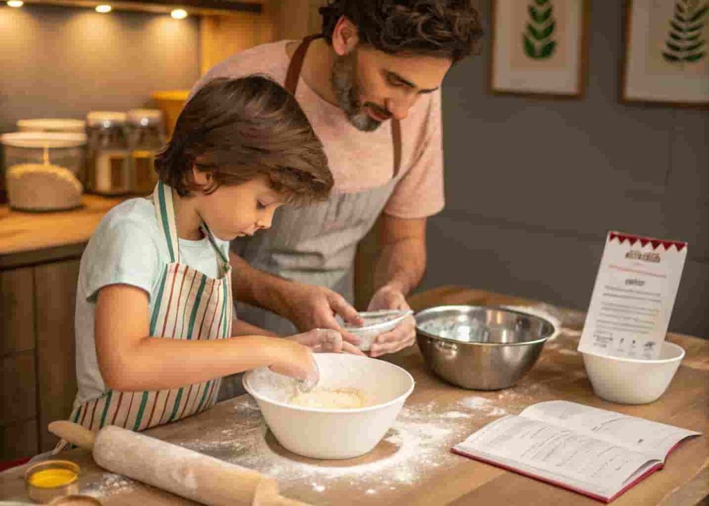 Child and parent measuring flour together while baking cookies in a bright home kitchen as a fun math activity.