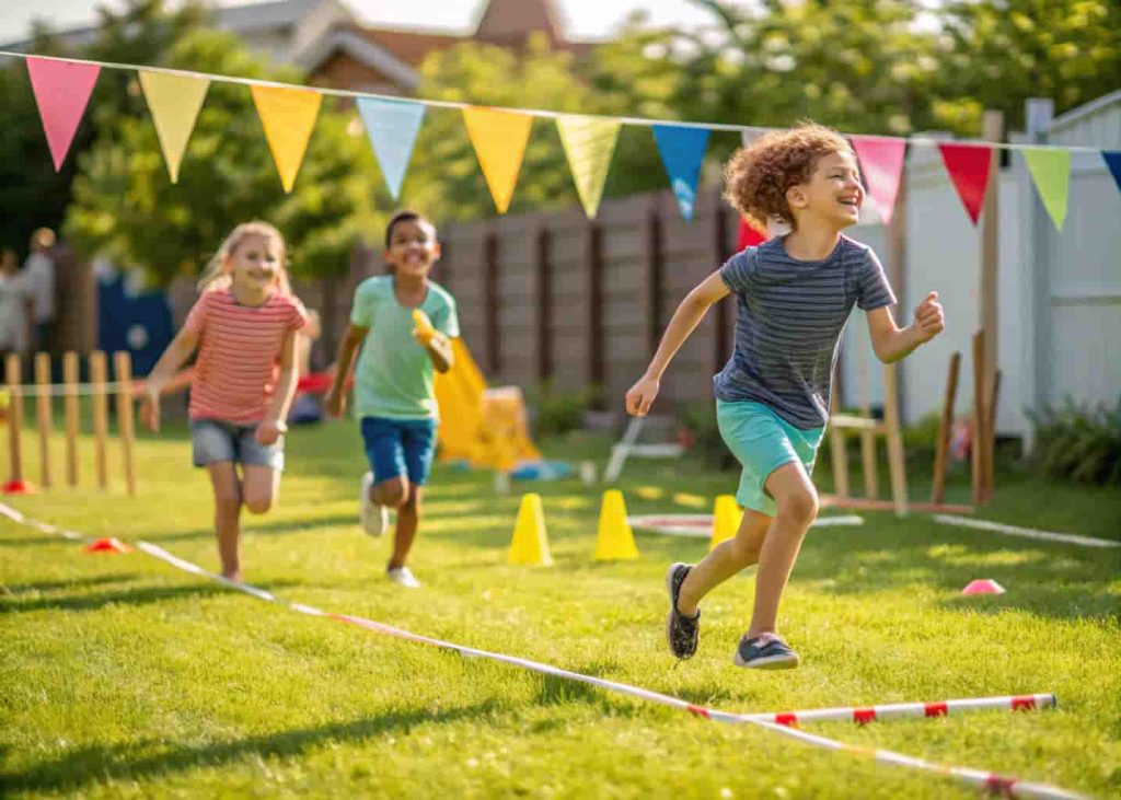 kids competing in a DIY backyard Olympics relay race on a sunny summer day