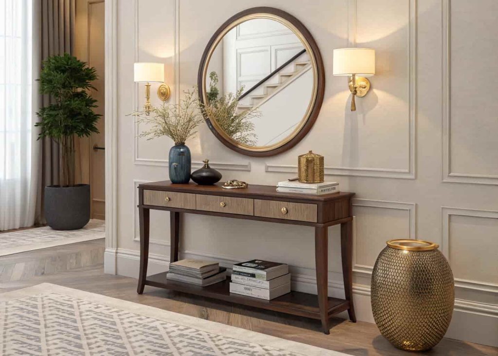 Round mirror above a styled console table reflecting warm light