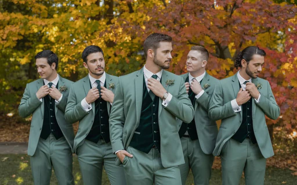 Sage green groomsmen attire styled for a fall wedding