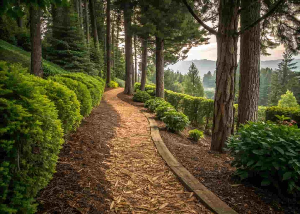 Wood chip mulch garden path winding through green shrubs and trees in a natural garden setting.