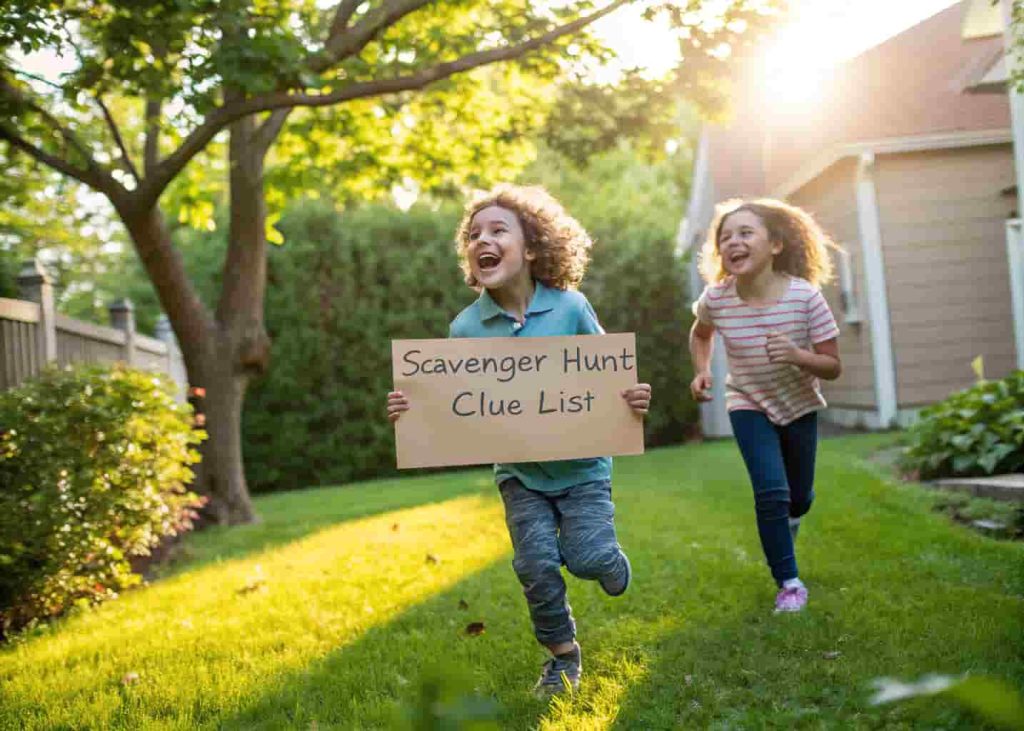 Two kids running through a backyard holding a scavenger hunt clue list, laughing together on a sunny summer afternoon.