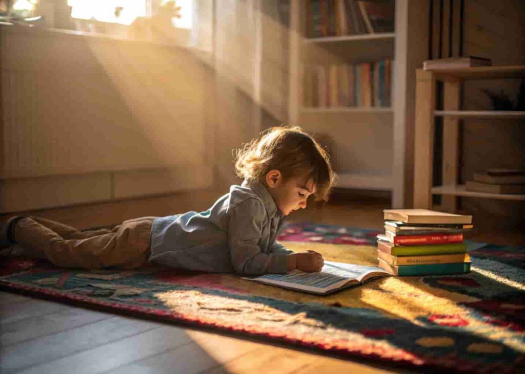 child reading a book at home as part of a summer reading challenge