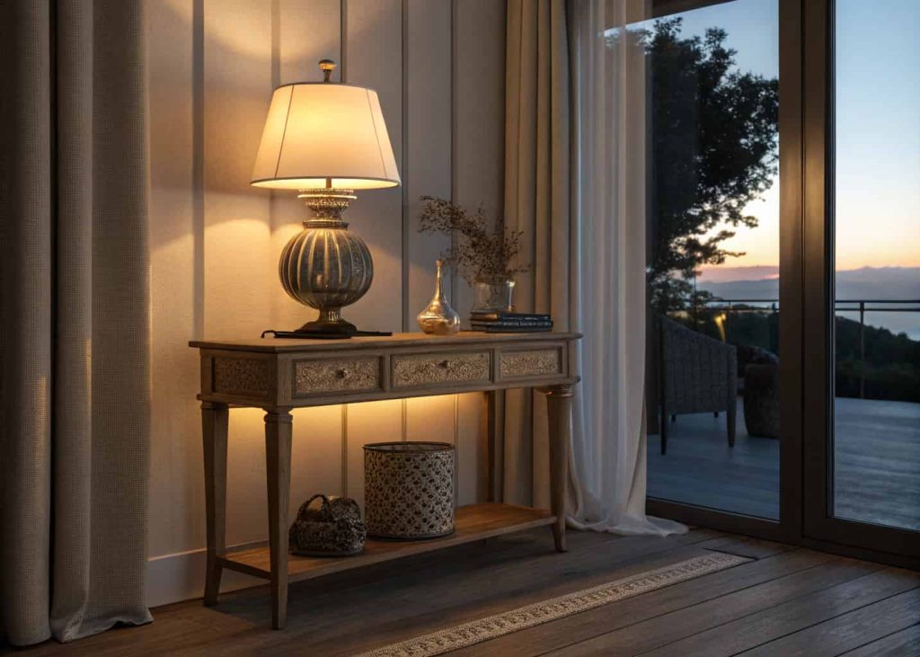 Console table lamp glowing warmly in a dim entryway