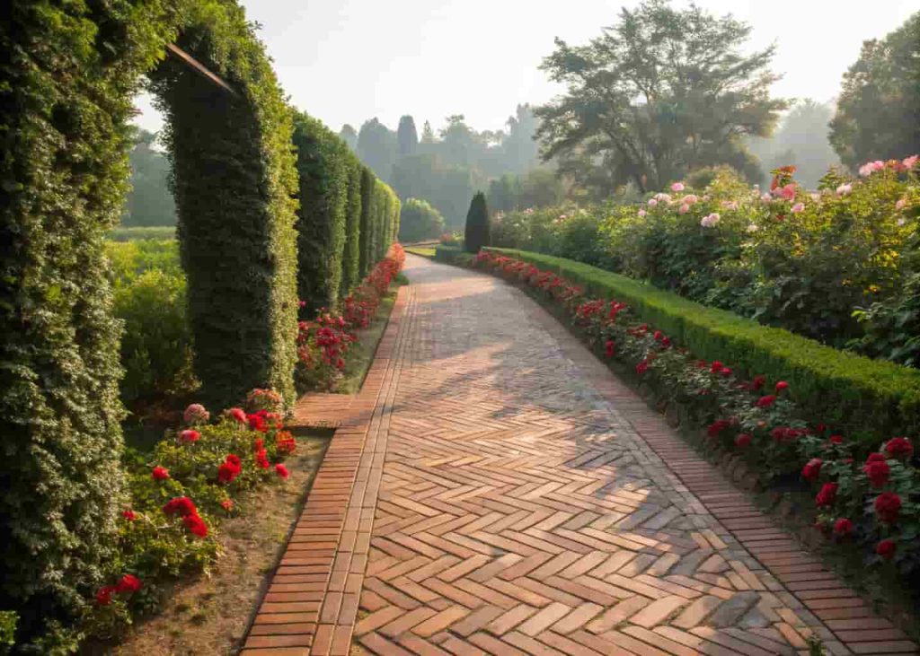 Classic red brick herringbone garden pathway bordered by green hedges and blooming flowers.