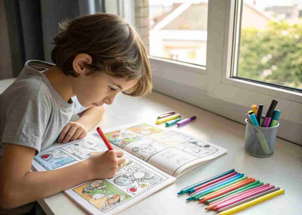 Child creating a hand-drawn comic strip with colorful markers at a desk by a sunlit window.