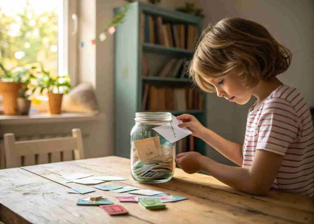 child filling a mason jar time capsule with photos and notes at a wooden table