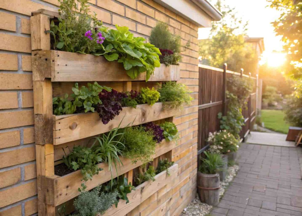 Vertical pallet garden on brick wall with herbs and flowers for small space gardening
