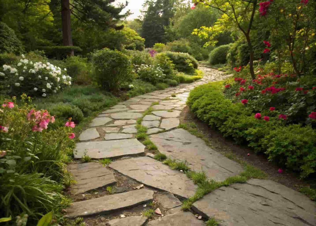 Irregular flagstone garden path with green ground cover growing between stones in a lush garden.