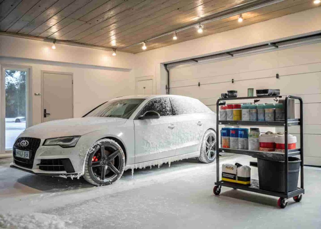 Car detailing business operating from a residential garage with professional supplies and equipment