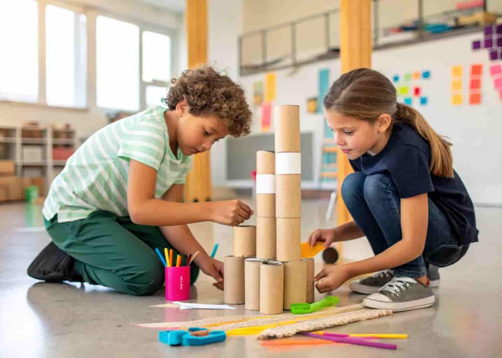 Two children collaborating to build a tall structure from cardboard tubes and tape during a summer school engineering challenge.